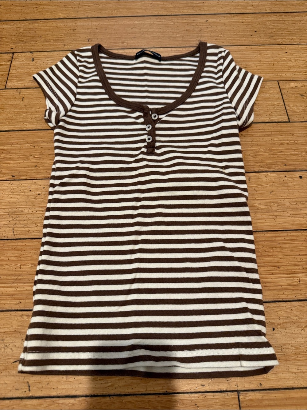 Brandy Melville Brown & White Striped Scoop Neck Tee